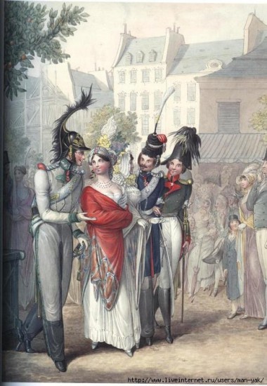 Сценка на улице Парижа: австрийский офицер, казак и русский офицер прогуливаются с двумя парижанкам