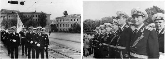 «..всё училище проходило парадным строем по улицам Киева, затем преподаватели и курсанты выстраивались на площадке перед могилой Неизвестного солдата.. (слева – фотография 1974 года, справа – 1980 года).