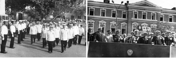 Слева – встреча Главнокомандующего Военно-морским флотом СССР,  адмирала флота Советского Союза С.Г. Горшкова; справа – на трибуне.