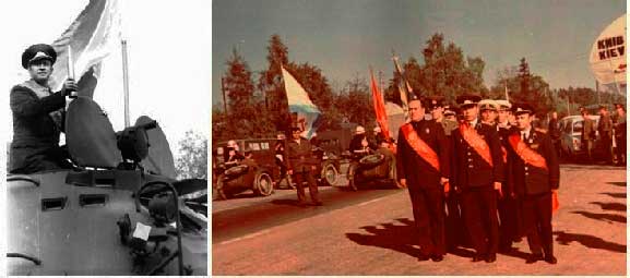 Справа – команда КВО перед въездом в Одессу, слева – начальник команды на бронетранспортёре с символом эстафеты. Сентябрь 1977 года.