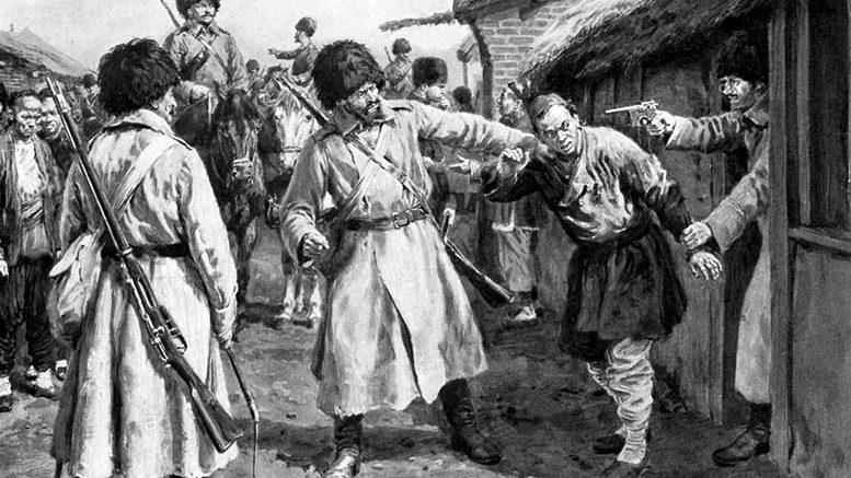 Русско-японская война 1904-1905: казаки ищут японских шпионов в Маньчжурской деревне.